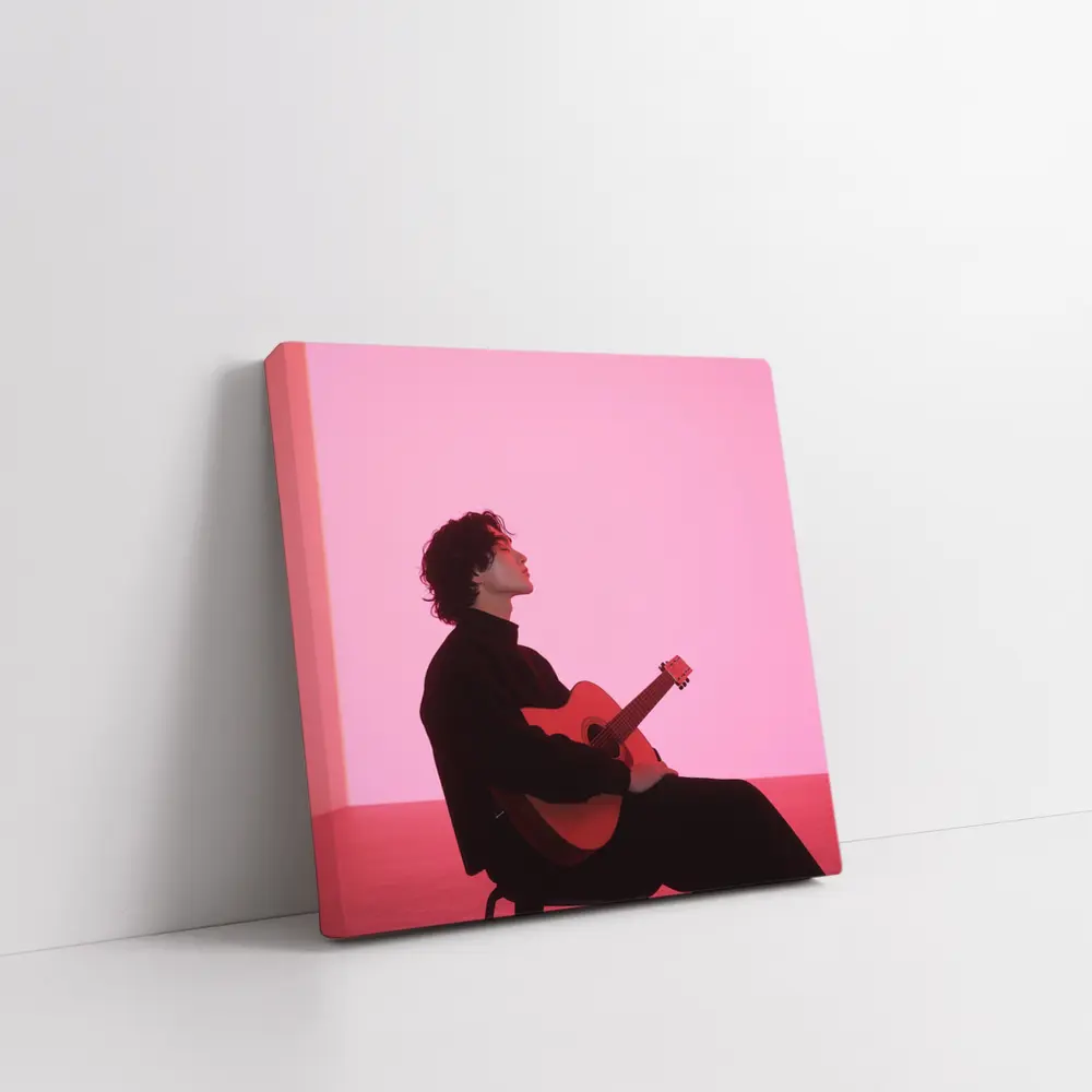 Young Man Guitar Pink Neon Background – Wall Art