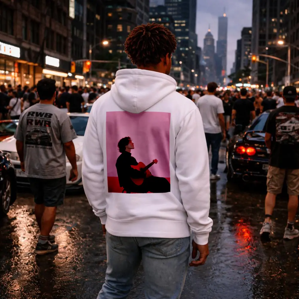 Young Man Guitar Pink Neon Background – Hoodies
