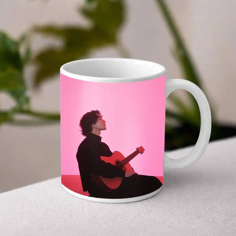 Young Man Guitar Pink Neon Background – Mugs