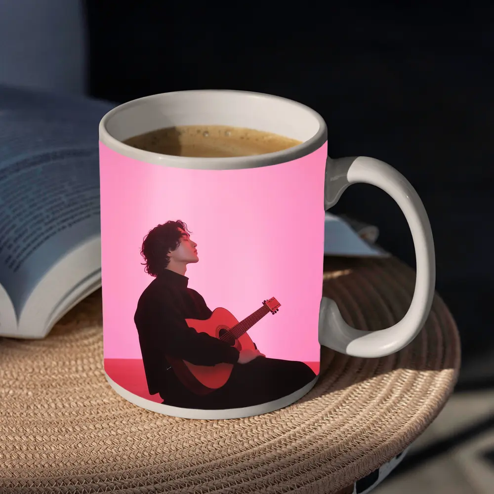 Young Man Guitar Pink Neon Background – Mugs