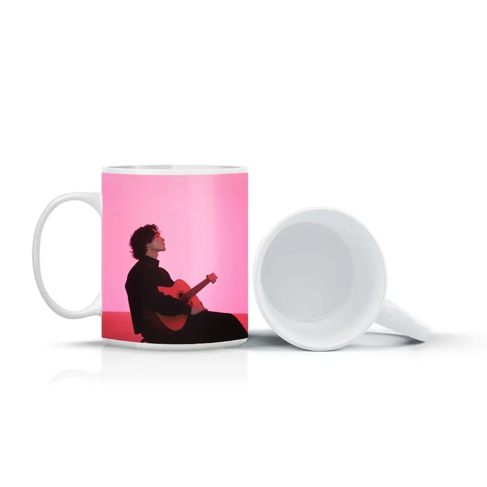 Young Man Guitar Pink Neon Background – Mugs