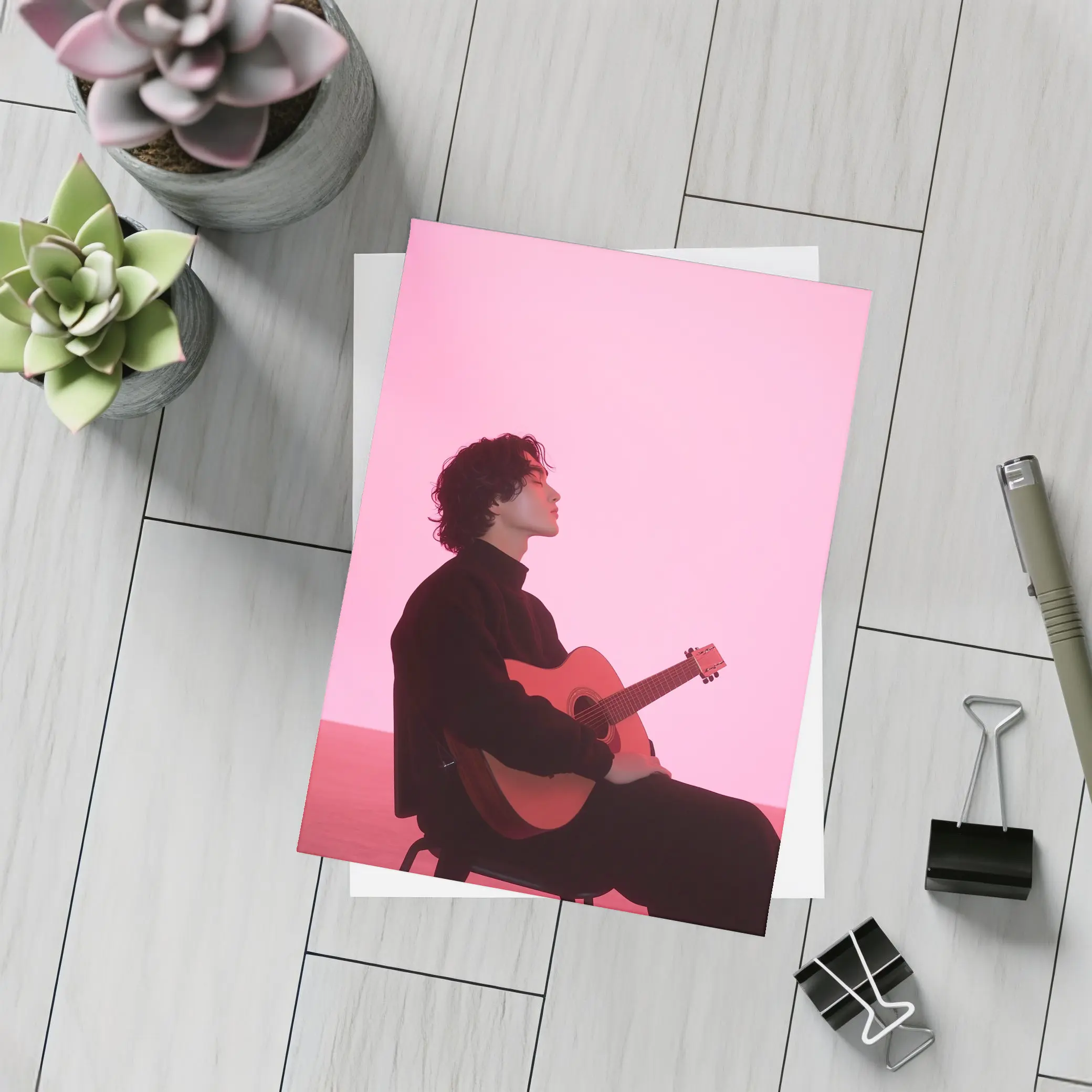 Young Man Guitar Pink Neon Background – Postcards