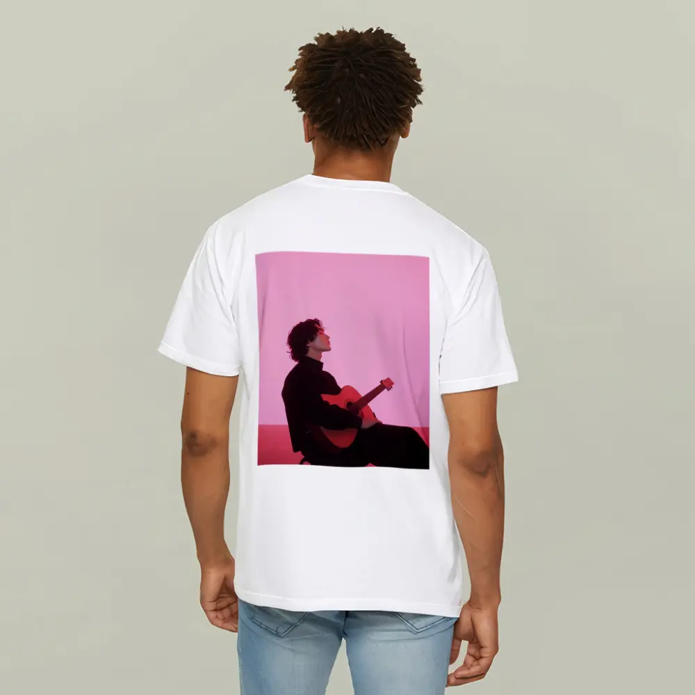 Young Man Guitar Pink Neon Background – T-Shirts