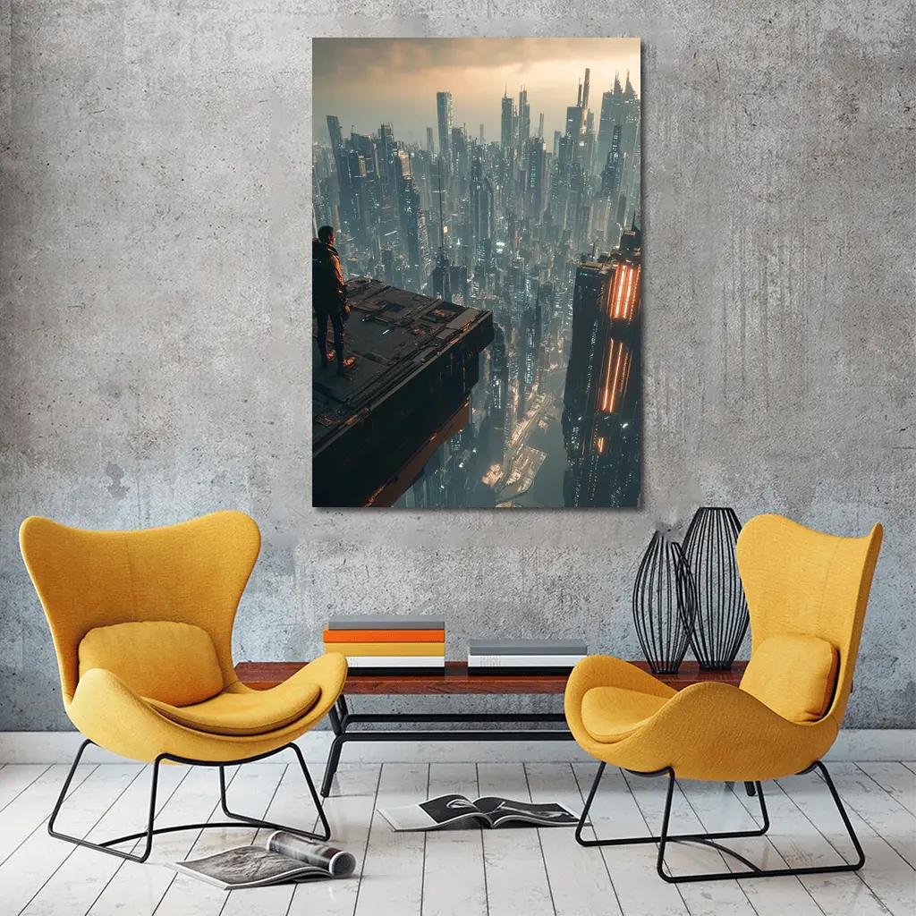 Lone Figure Standing Over Cyberpunk City – Wall Art