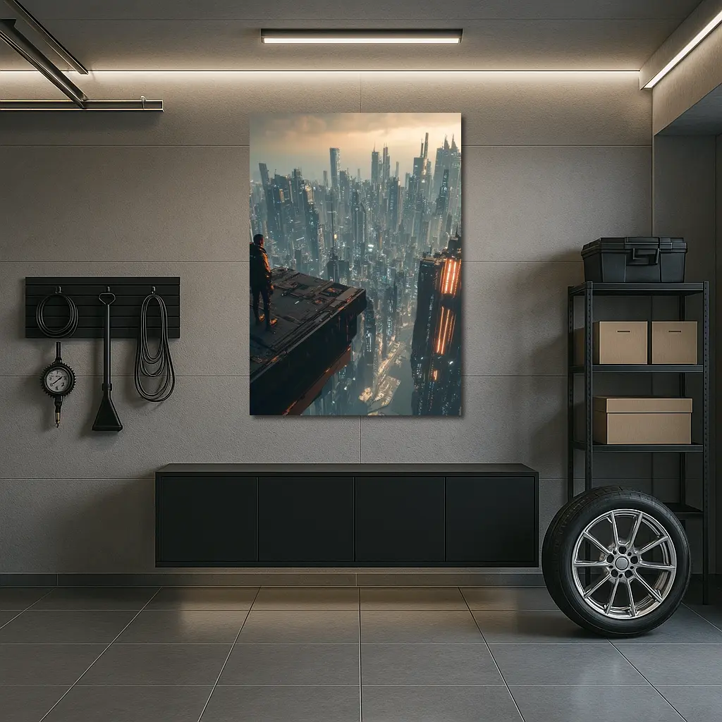 Lone Figure Standing Over Cyberpunk City – Wall Art