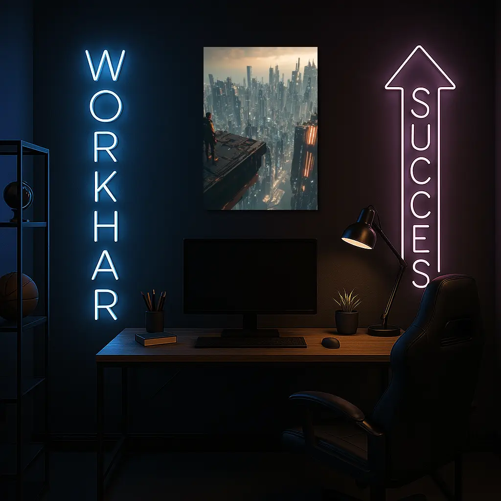 Lone Figure Standing Over Cyberpunk City – Wall Art