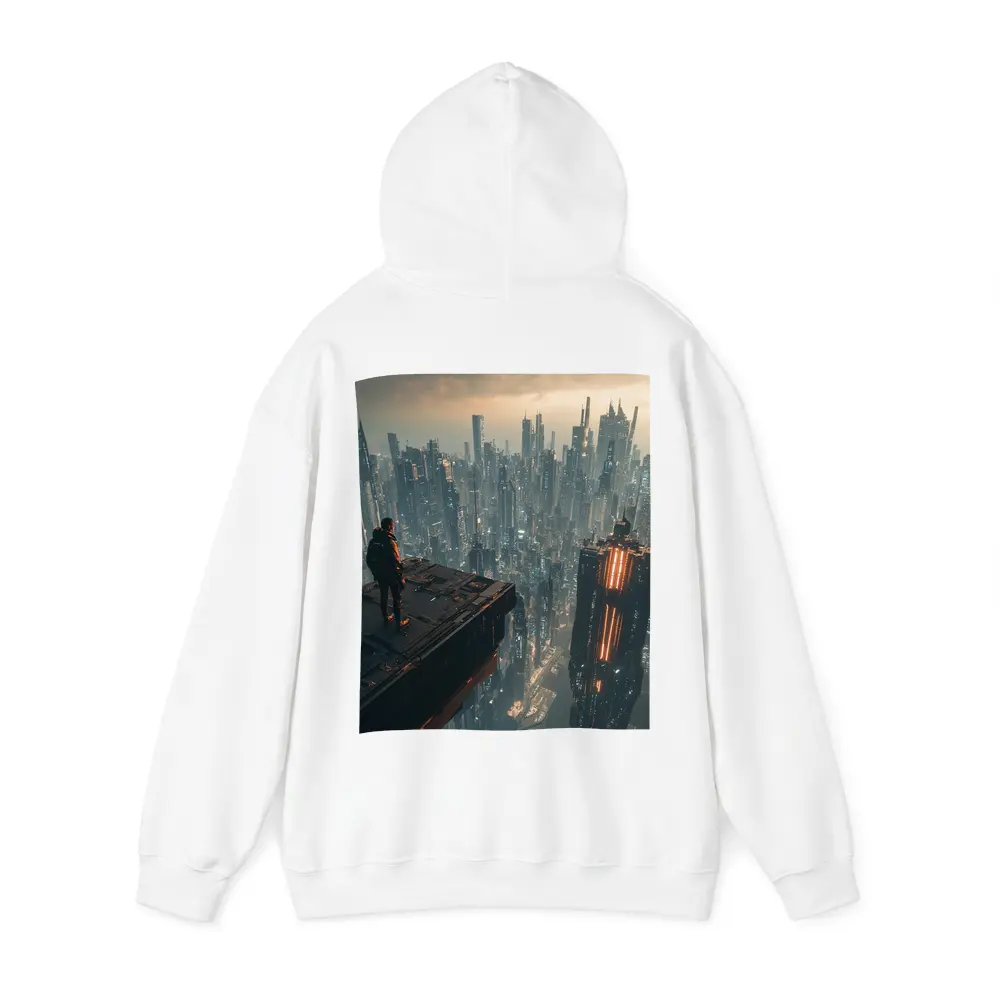 Lone Figure Standing Over Cyberpunk City – Hoodies