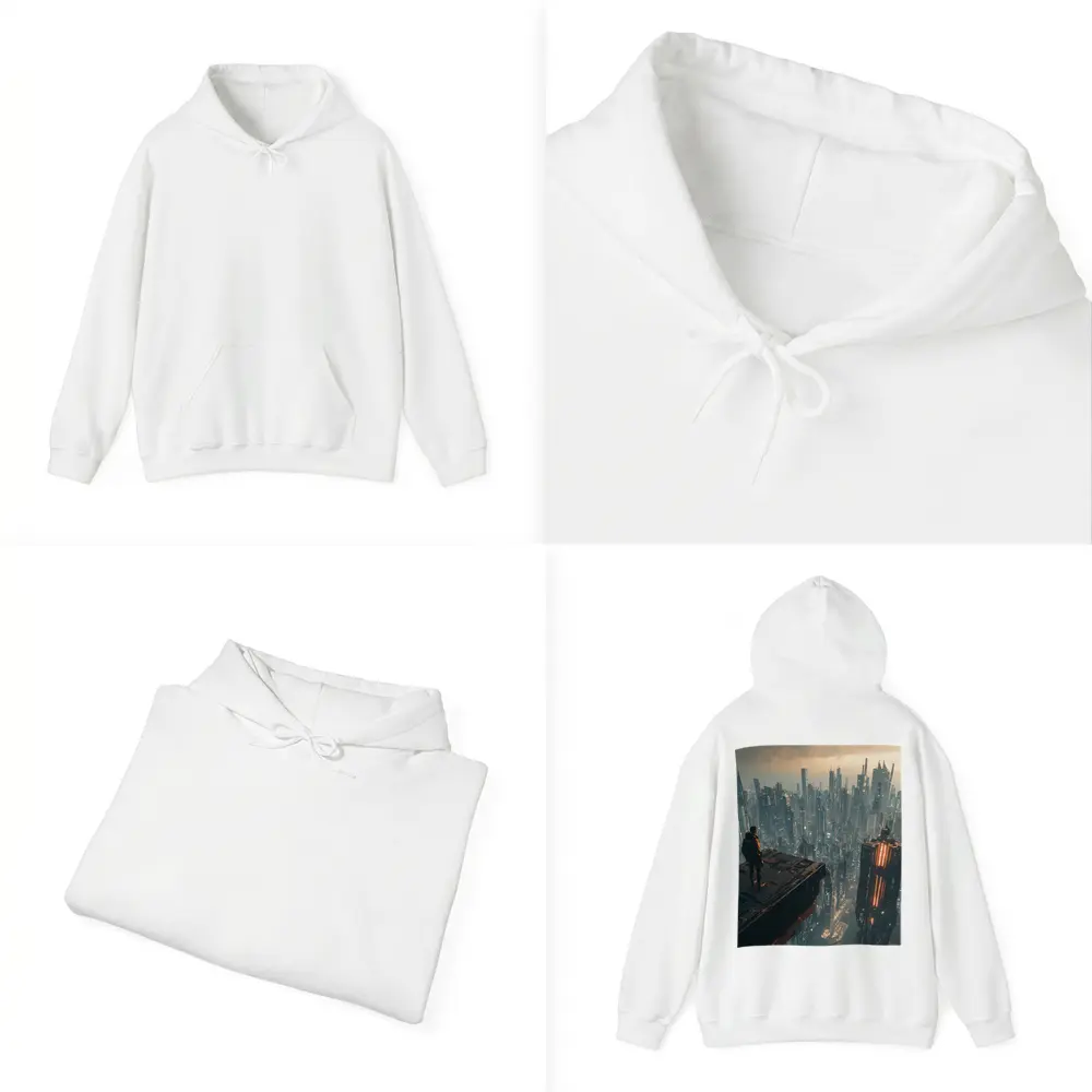 Lone Figure Standing Over Cyberpunk City – Hoodies