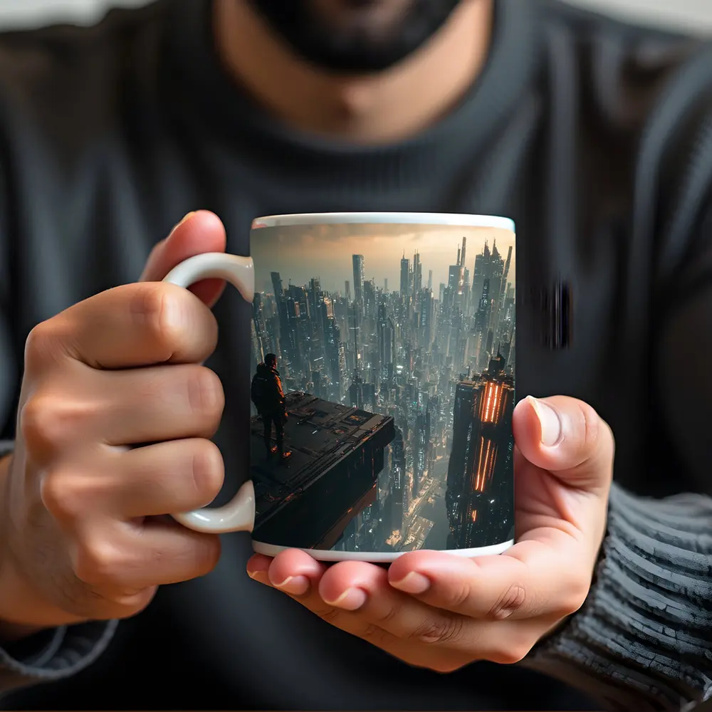 Lone Figure Standing Over Cyberpunk City – Mugs