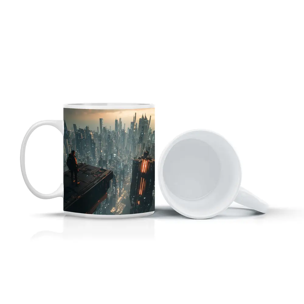 Lone Figure Standing Over Cyberpunk City – Mugs