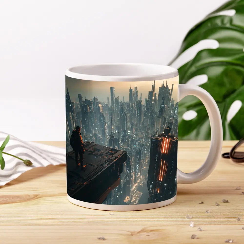 Lone Figure Standing Over Cyberpunk City – Mugs