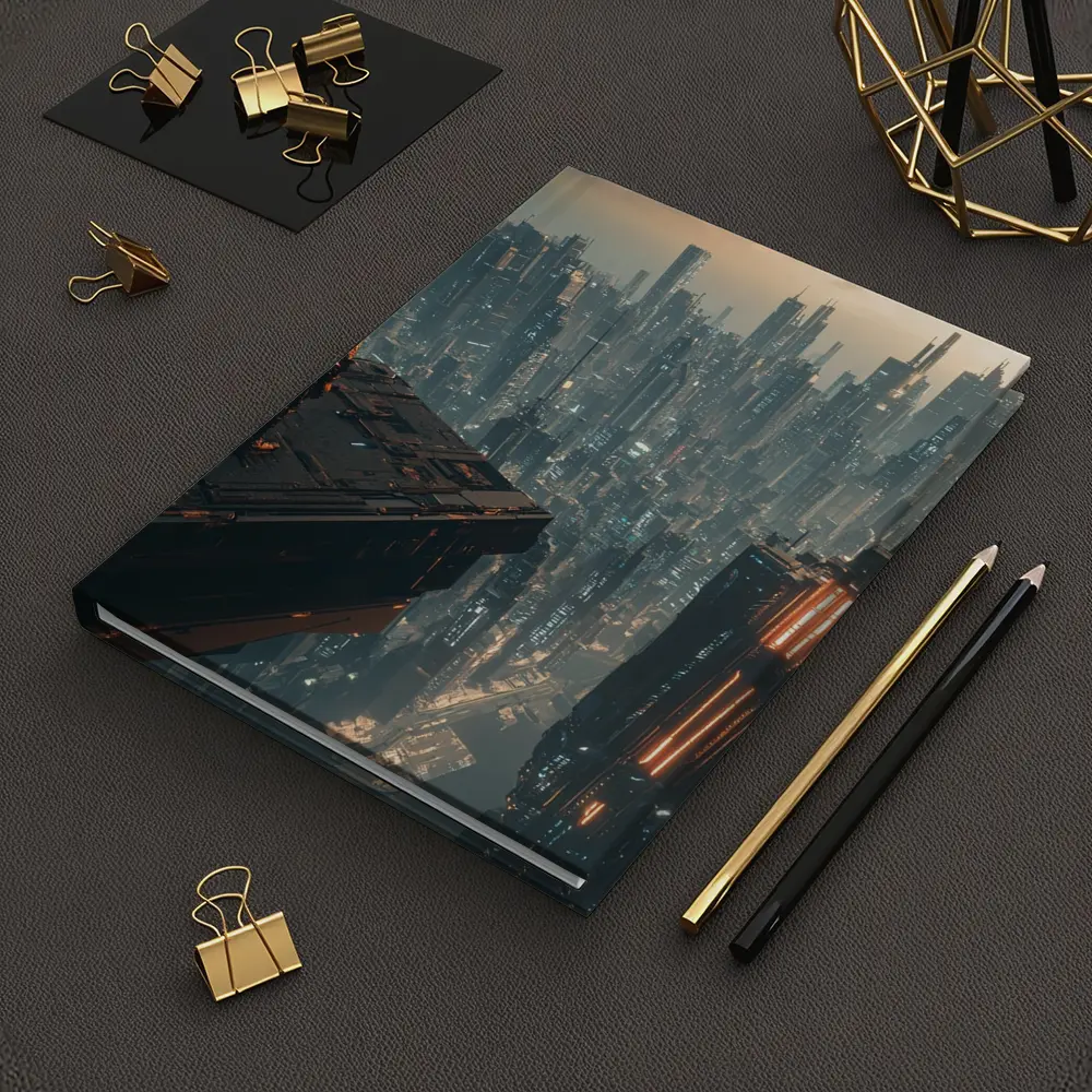 Lone Figure Standing Over Cyberpunk City – Notebooks