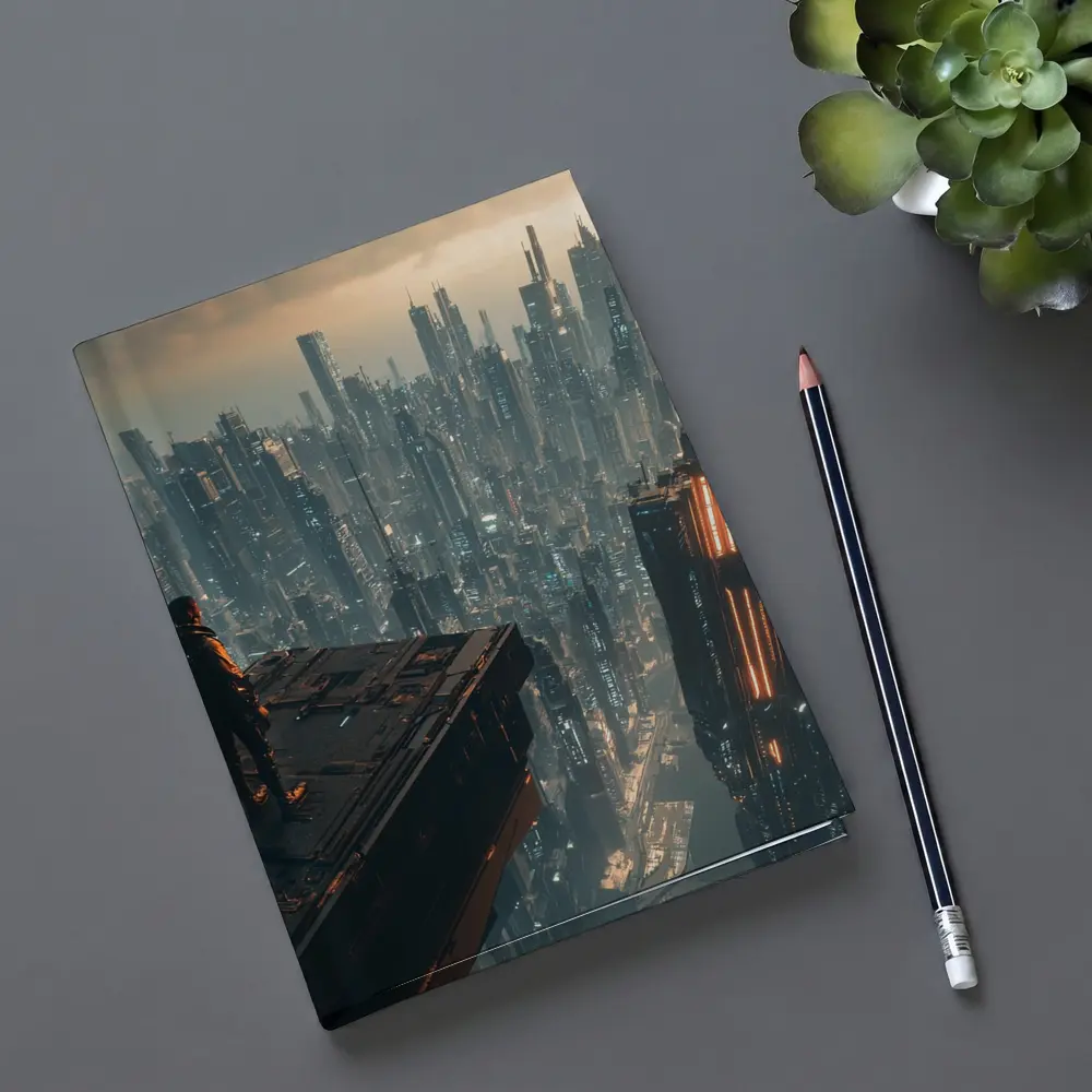 Lone Figure Standing Over Cyberpunk City – Notebooks