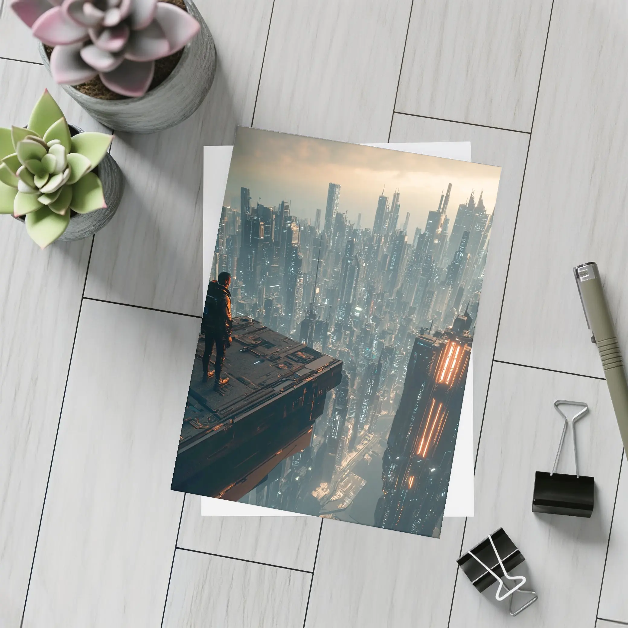Lone Figure Standing Over Cyberpunk City – Postcards