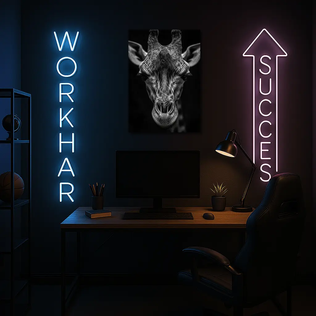 Giraffe Close Up Dark Black Background Portrait – Wall Art