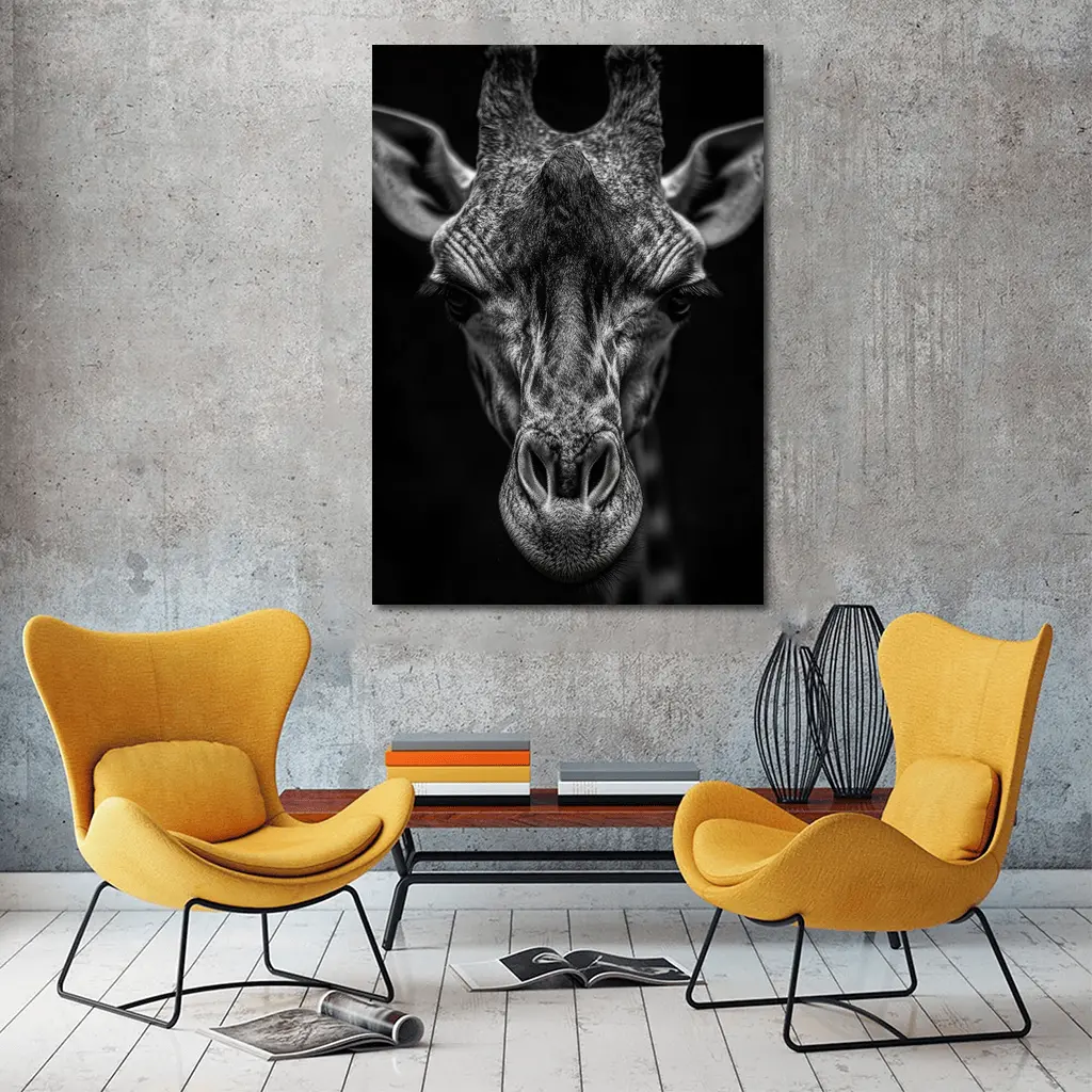 Giraffe Close Up Dark Black Background Portrait – Wall Art