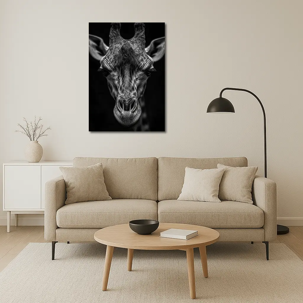 Giraffe Close Up Dark Black Background Portrait – Wall Art