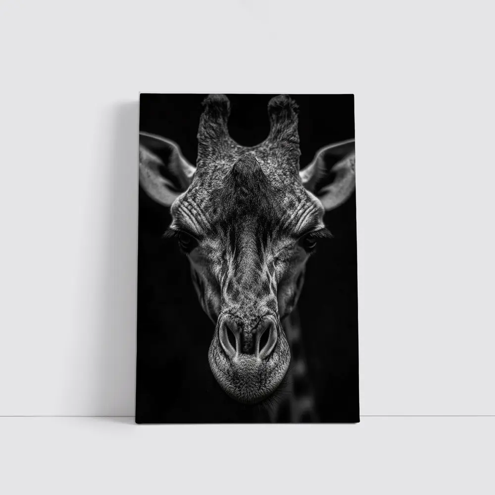 Giraffe Close Up Dark Black Background Portrait – Wall Art