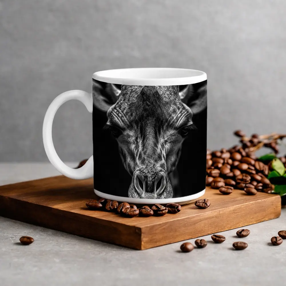 Giraffe Close Up Dark Black Background Portrait – Mugs