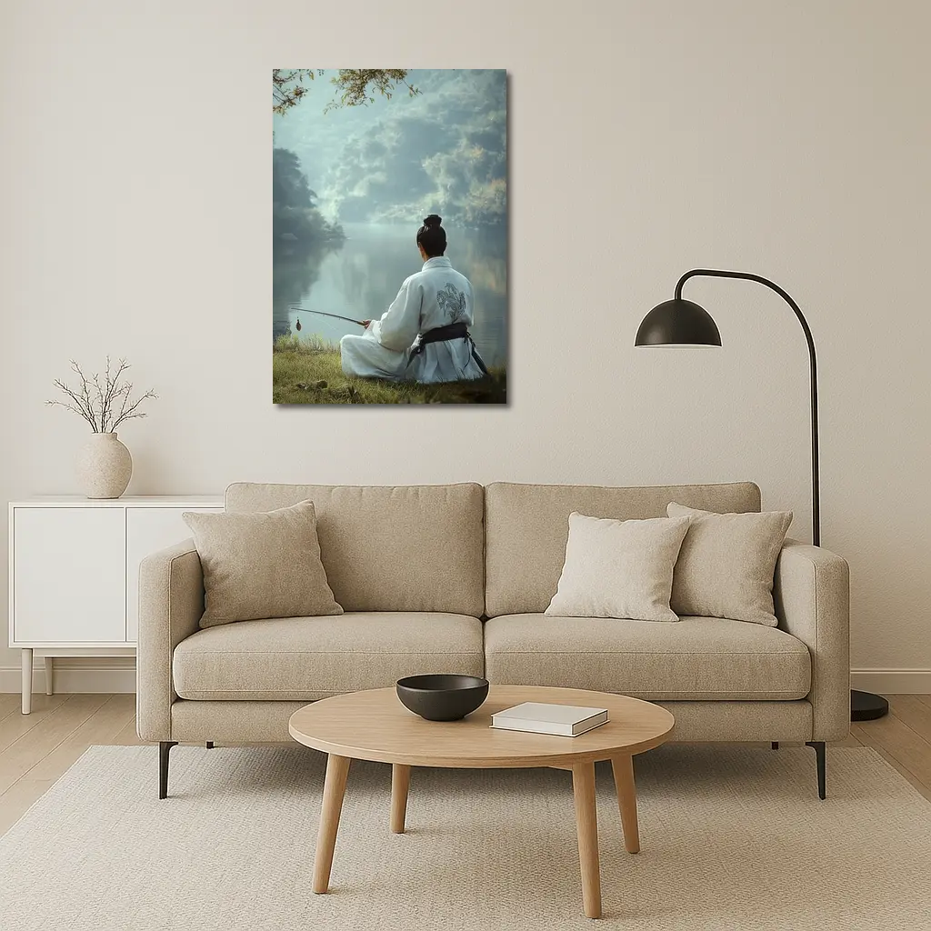 Samurai Man Fishing By Misty Lake – Wall Art