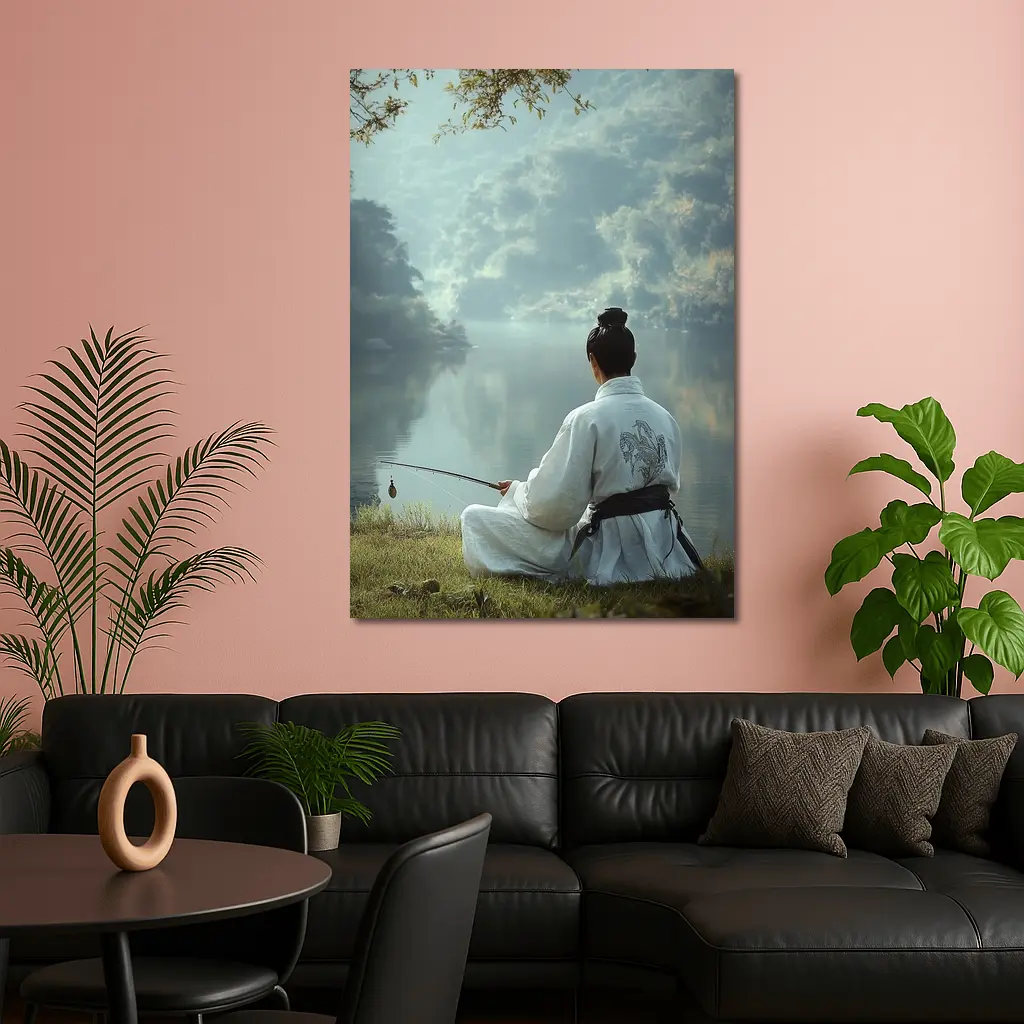 Samurai Man Fishing By Misty Lake – Wall Art