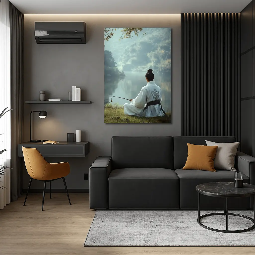Samurai Man Fishing By Misty Lake – Wall Art