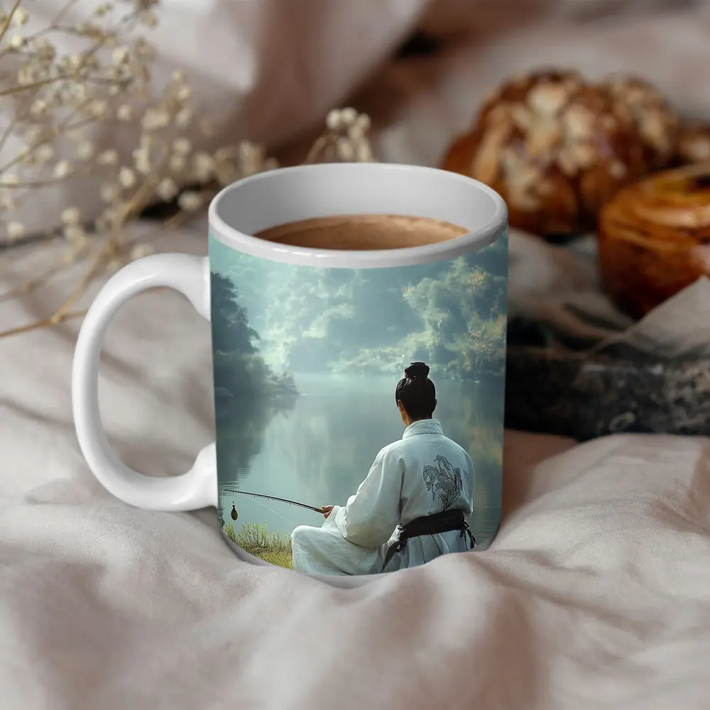 Samurai Man Fishing By Misty Lake – Mugs