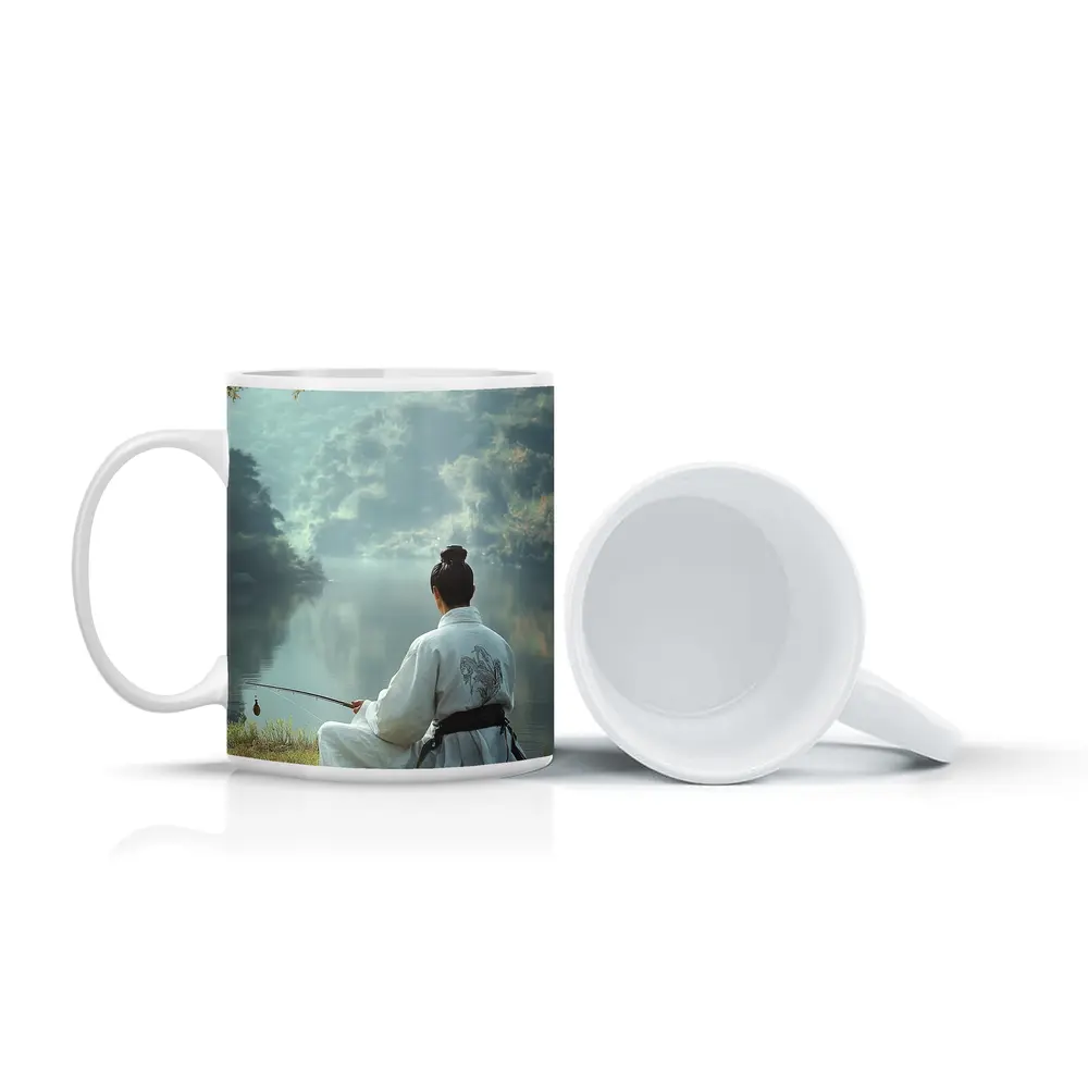 Samurai Man Fishing By Misty Lake – Mugs
