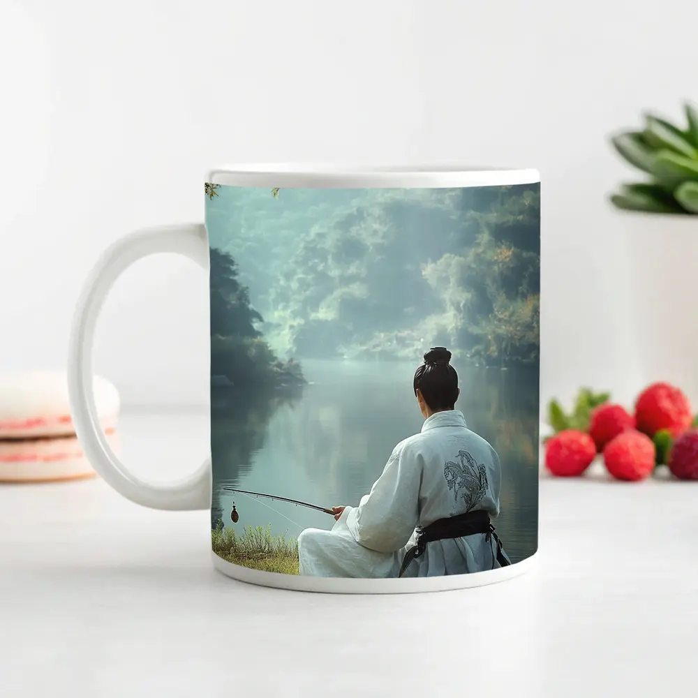 Samurai Man Fishing By Misty Lake – Mugs