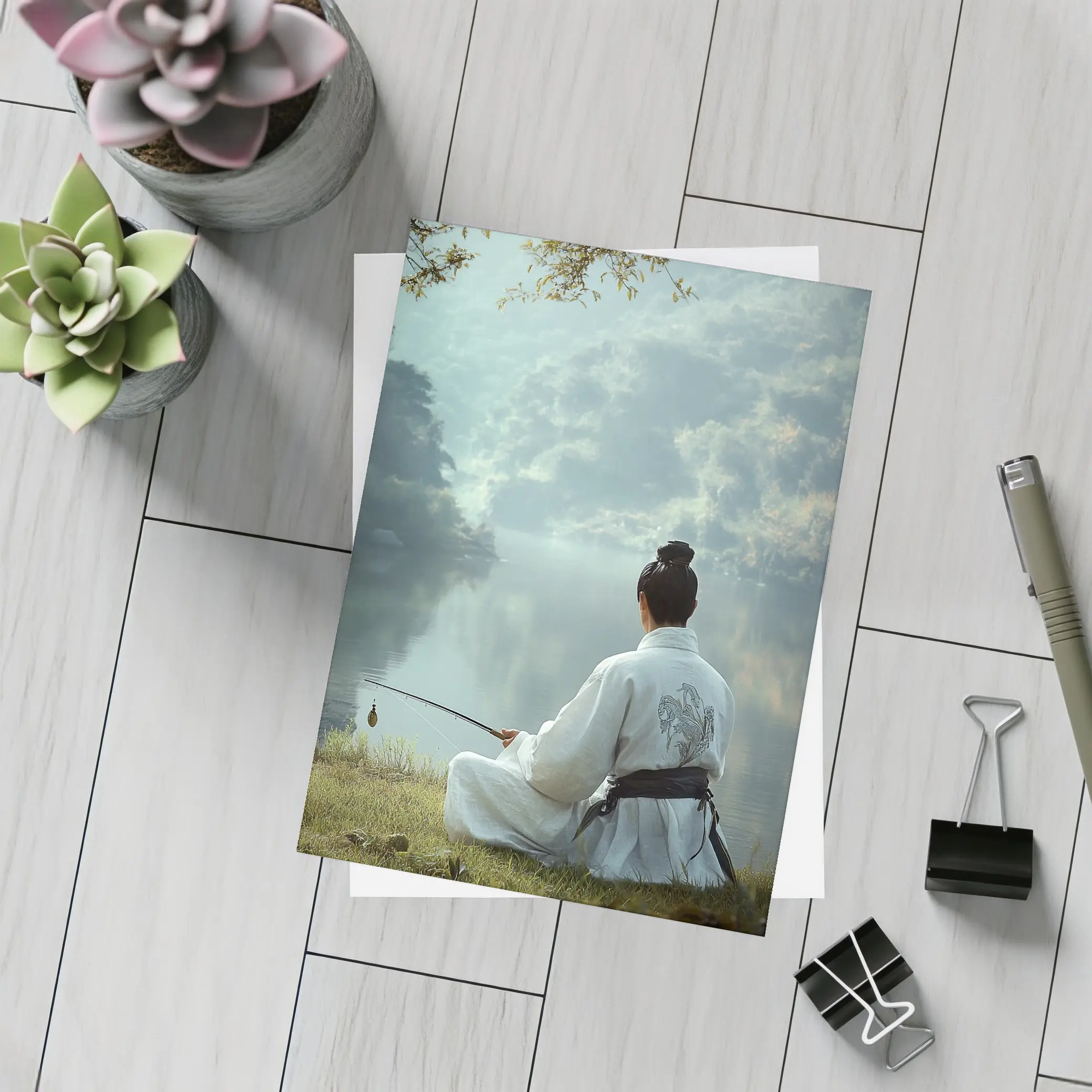Samurai Man Fishing By Misty Lake – Postcards