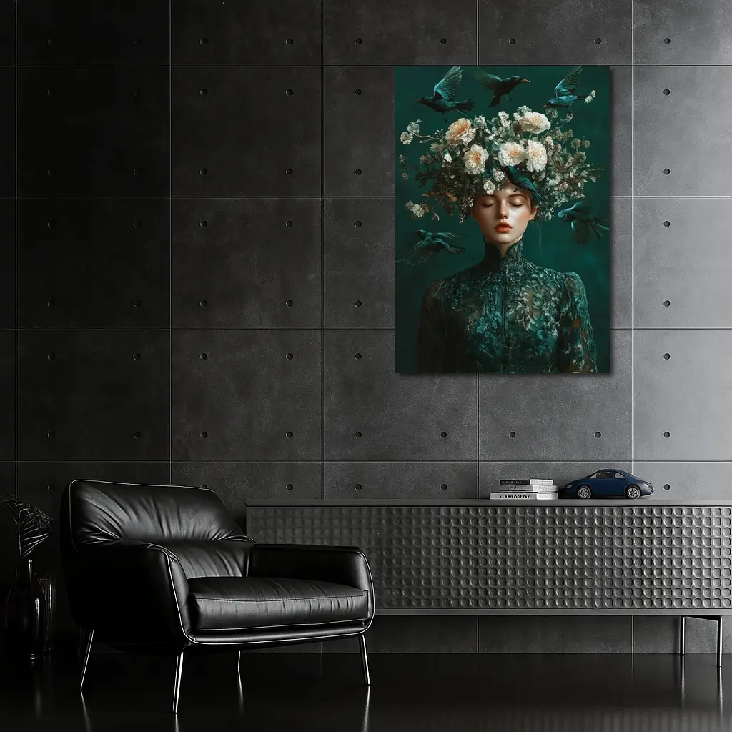 Woman With Flowers And Birds Teal – Wall Art