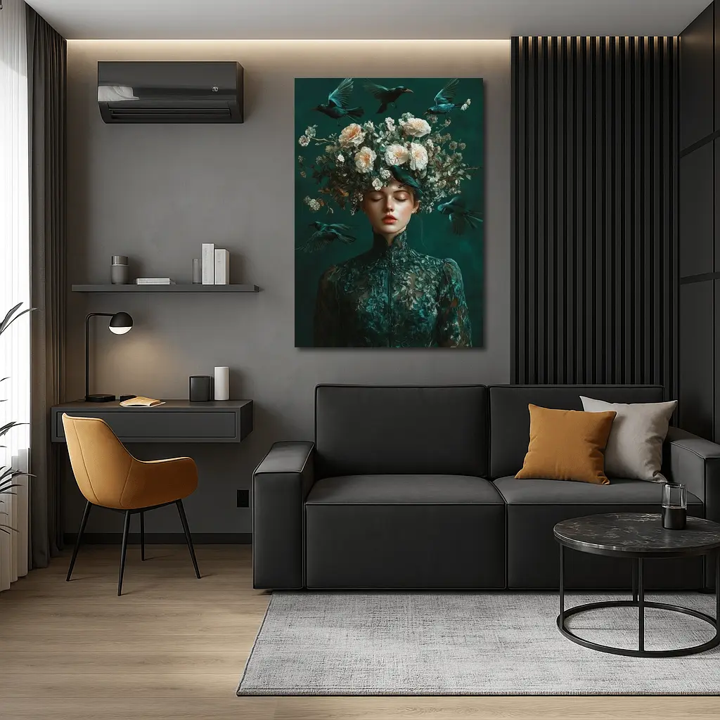 Woman With Flowers And Birds Teal – Wall Art