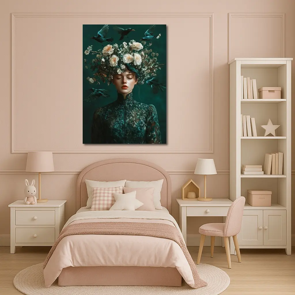 Woman With Flowers And Birds Teal – Wall Art