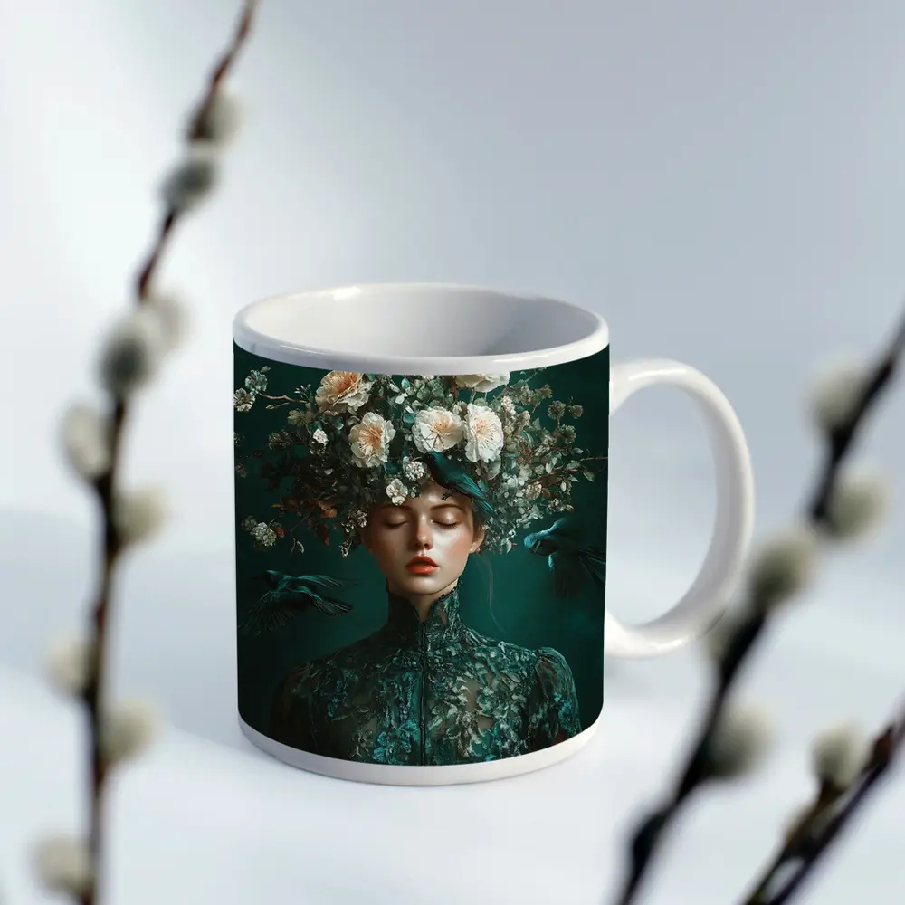 Woman With Flowers And Birds Teal – Mugs