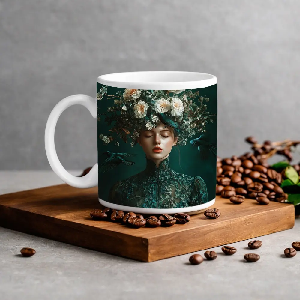 Woman With Flowers And Birds Teal – Mugs