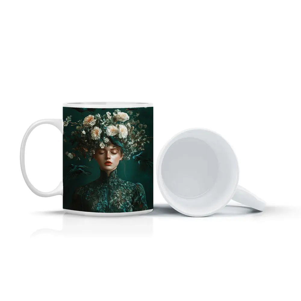 Woman With Flowers And Birds Teal – Mugs