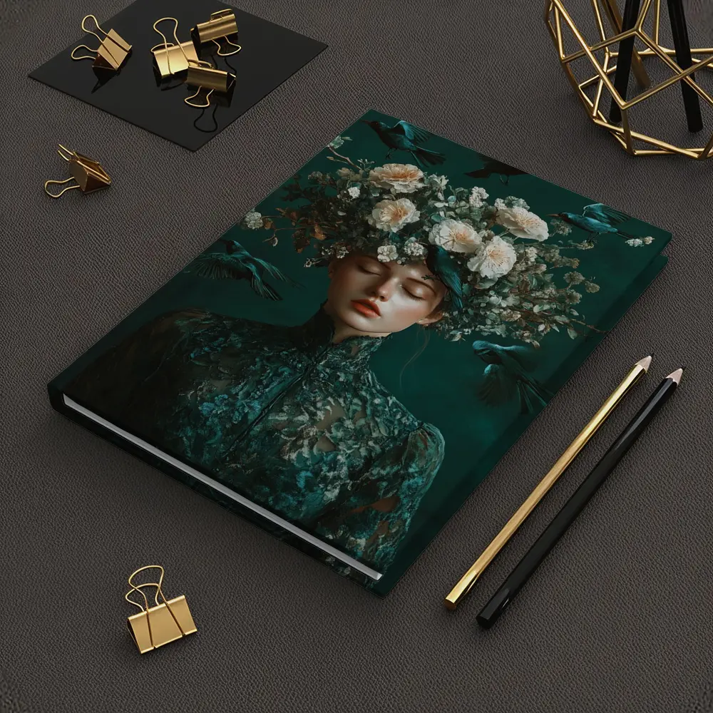 Woman With Flowers And Birds Teal – Notebooks