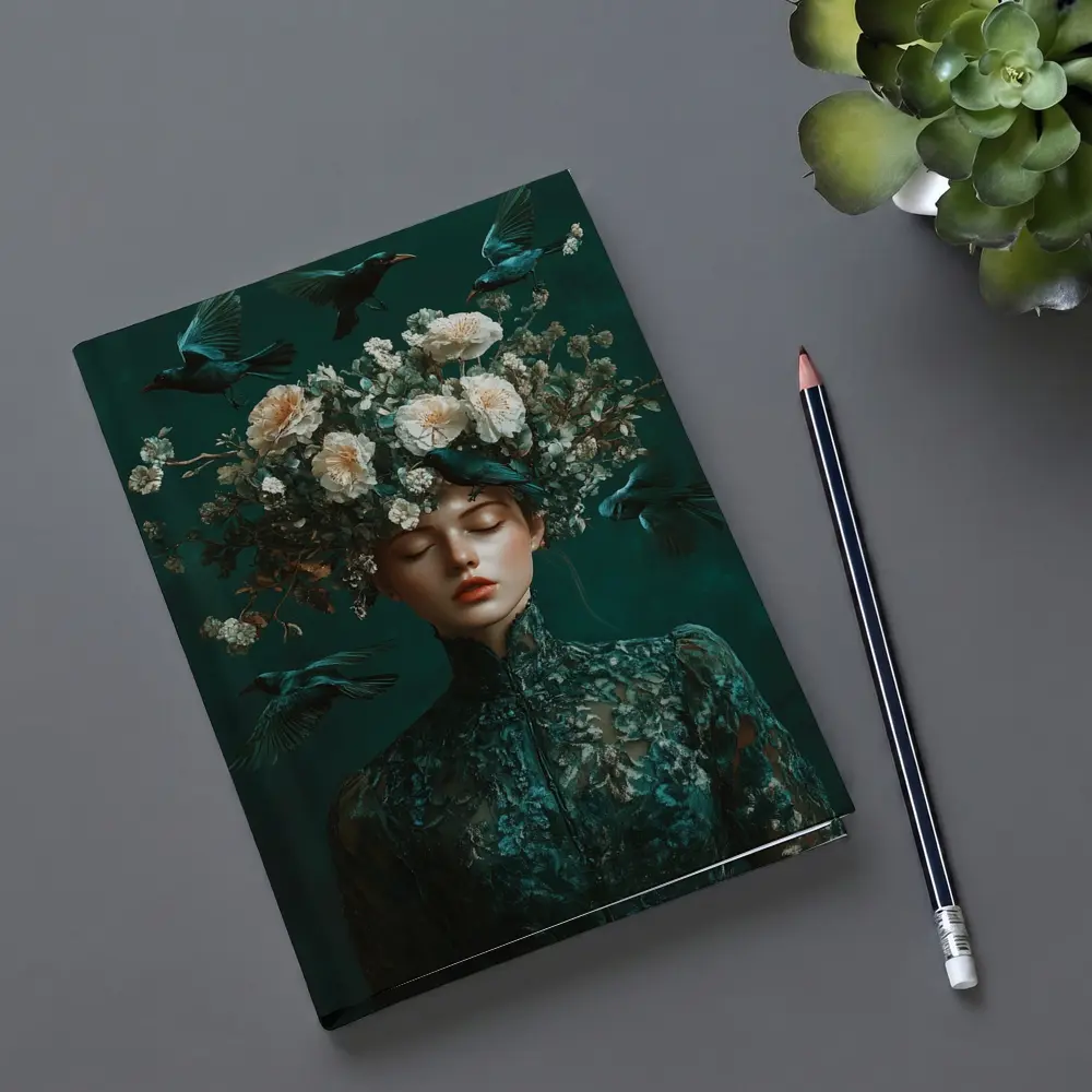 Woman With Flowers And Birds Teal – Notebooks