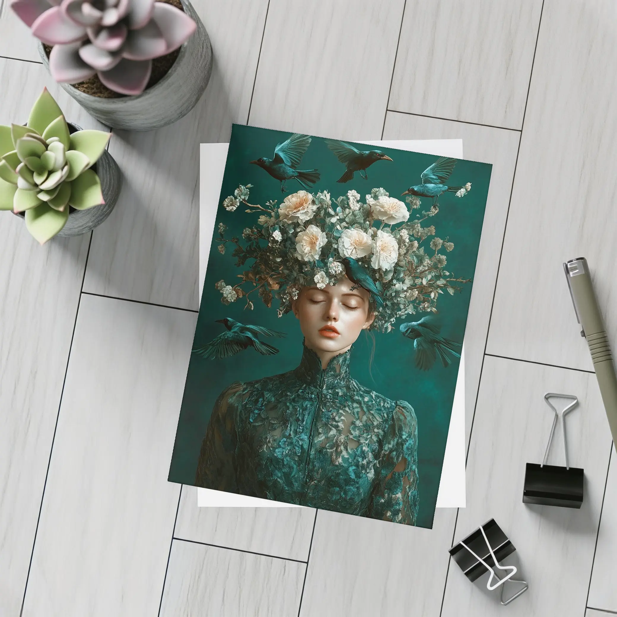 Woman With Flowers And Birds Teal – Postcards