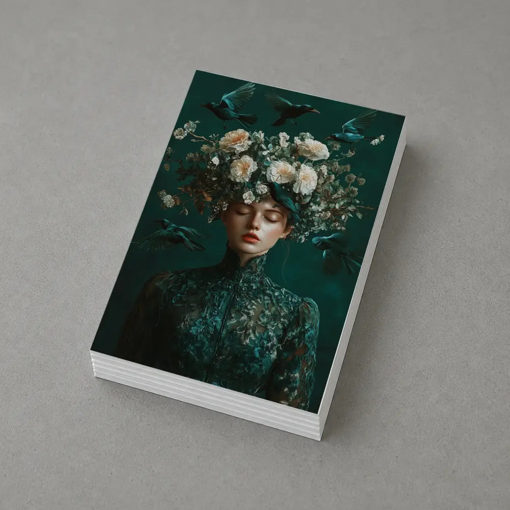 Woman With Flowers And Birds Teal – Postcards