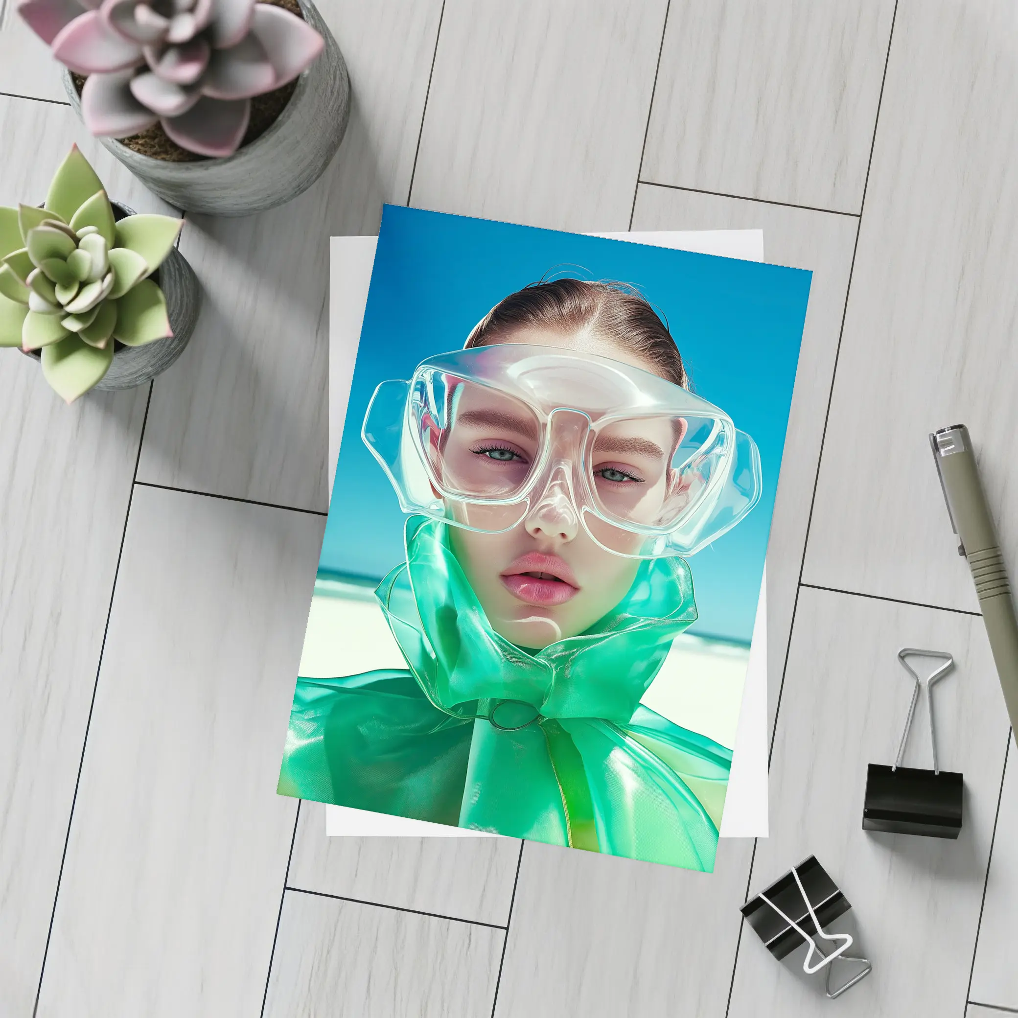 Futuristic Fashion Woman Beach Summer Portrait – Postcards