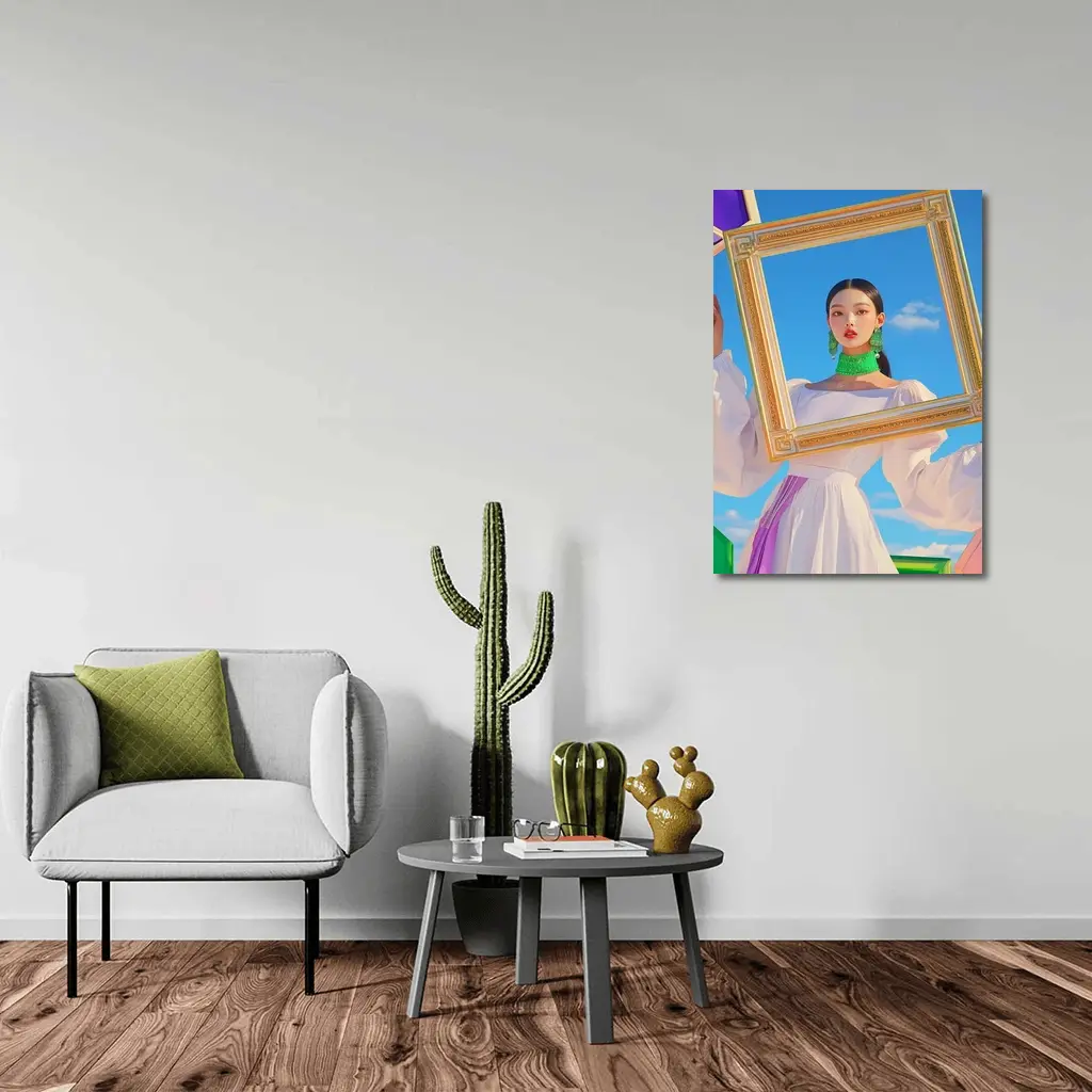 Korean Girl Holding Gold Frame Blue Sky – Wall Art