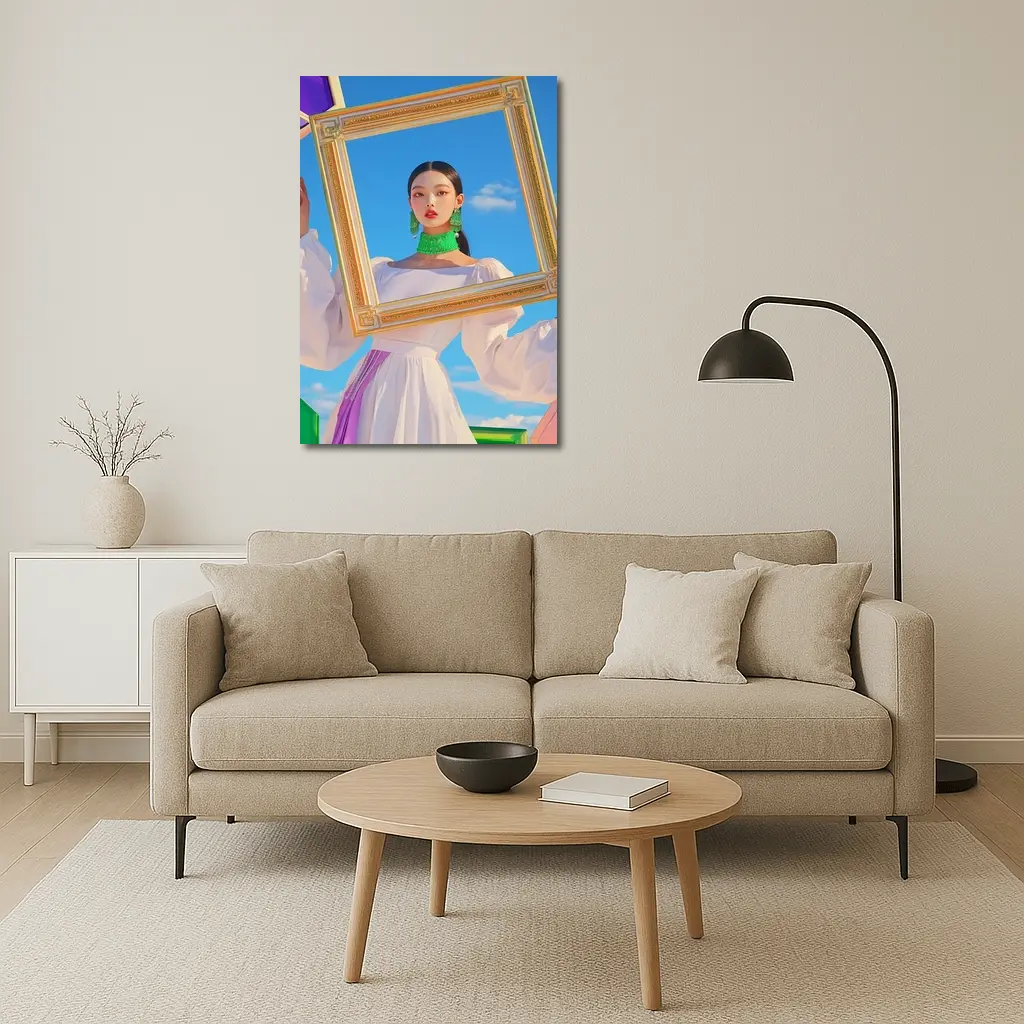 Korean Girl Holding Gold Frame Blue Sky – Wall Art