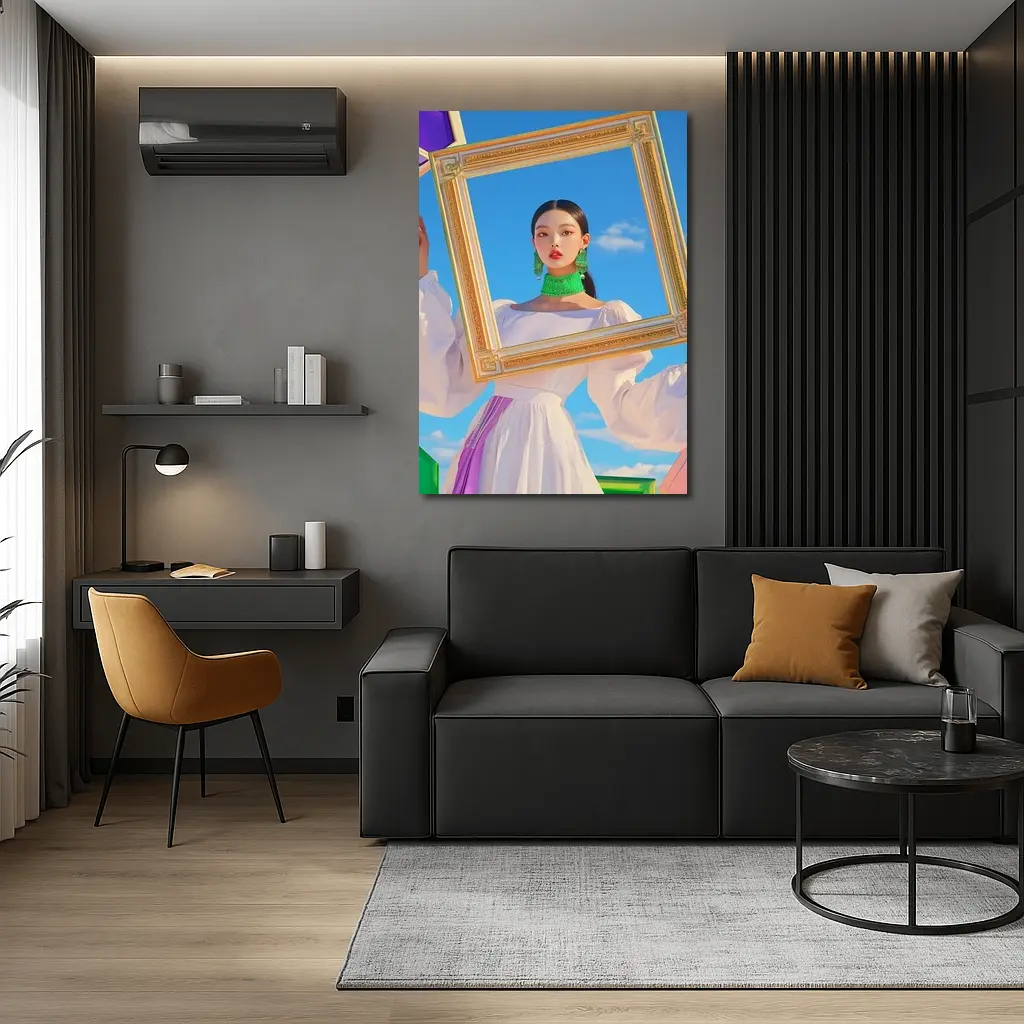 Korean Girl Holding Gold Frame Blue Sky – Wall Art