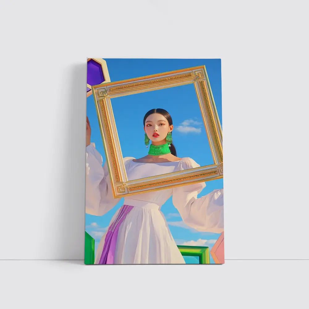Korean Girl Holding Gold Frame Blue Sky – Wall Art