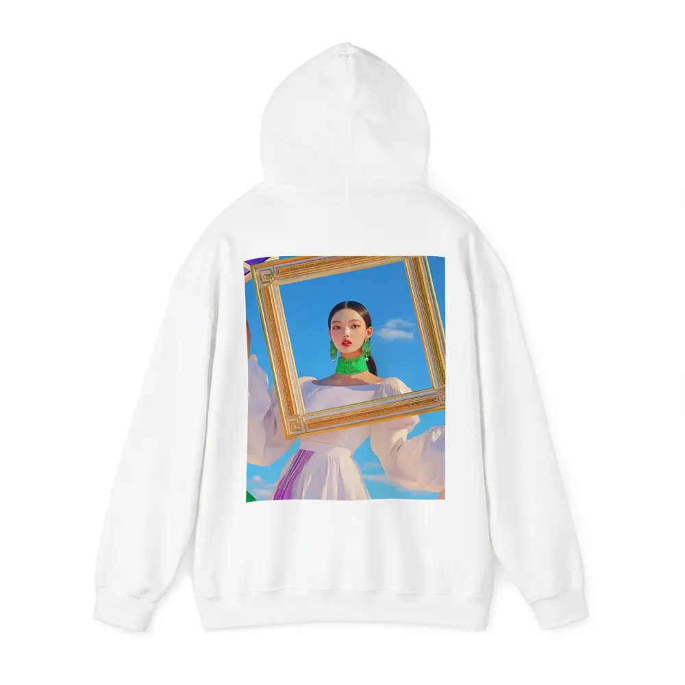 Korean Girl Holding Gold Frame Blue Sky – Hoodies
