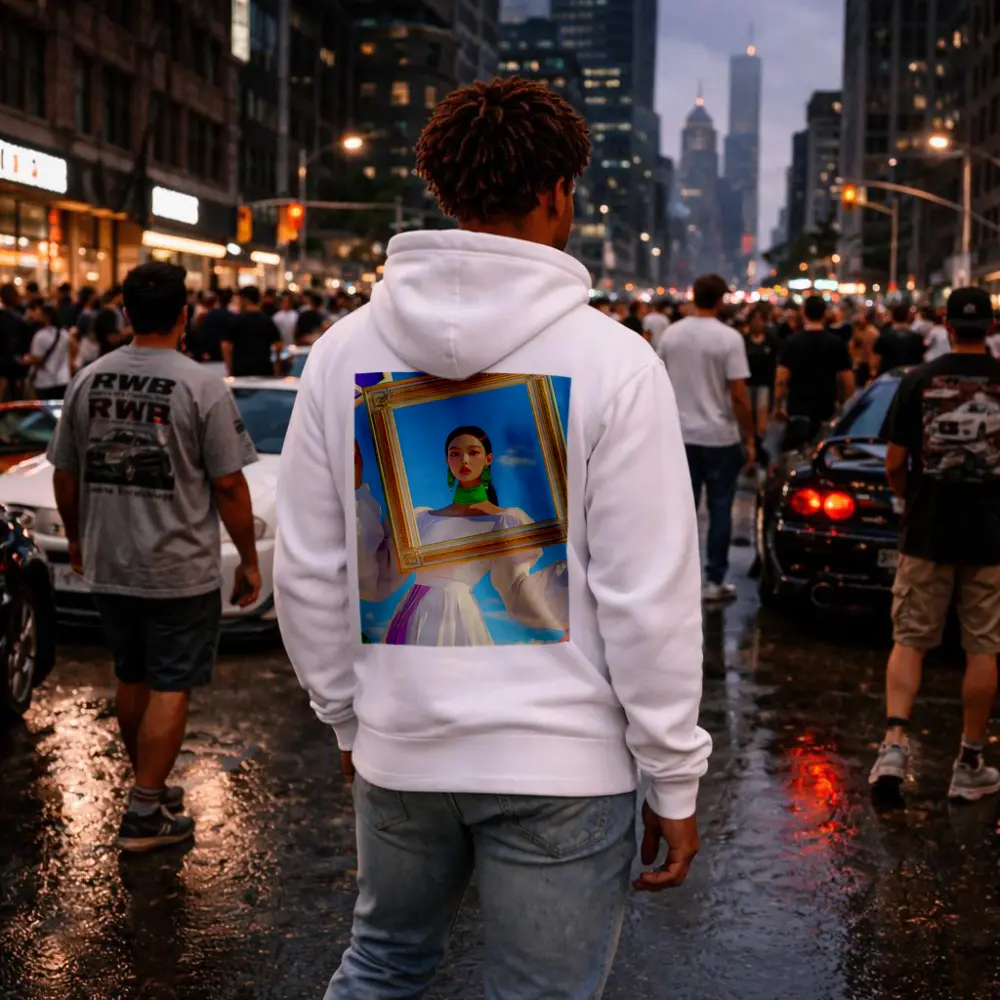 Korean Girl Holding Gold Frame Blue Sky – Hoodies