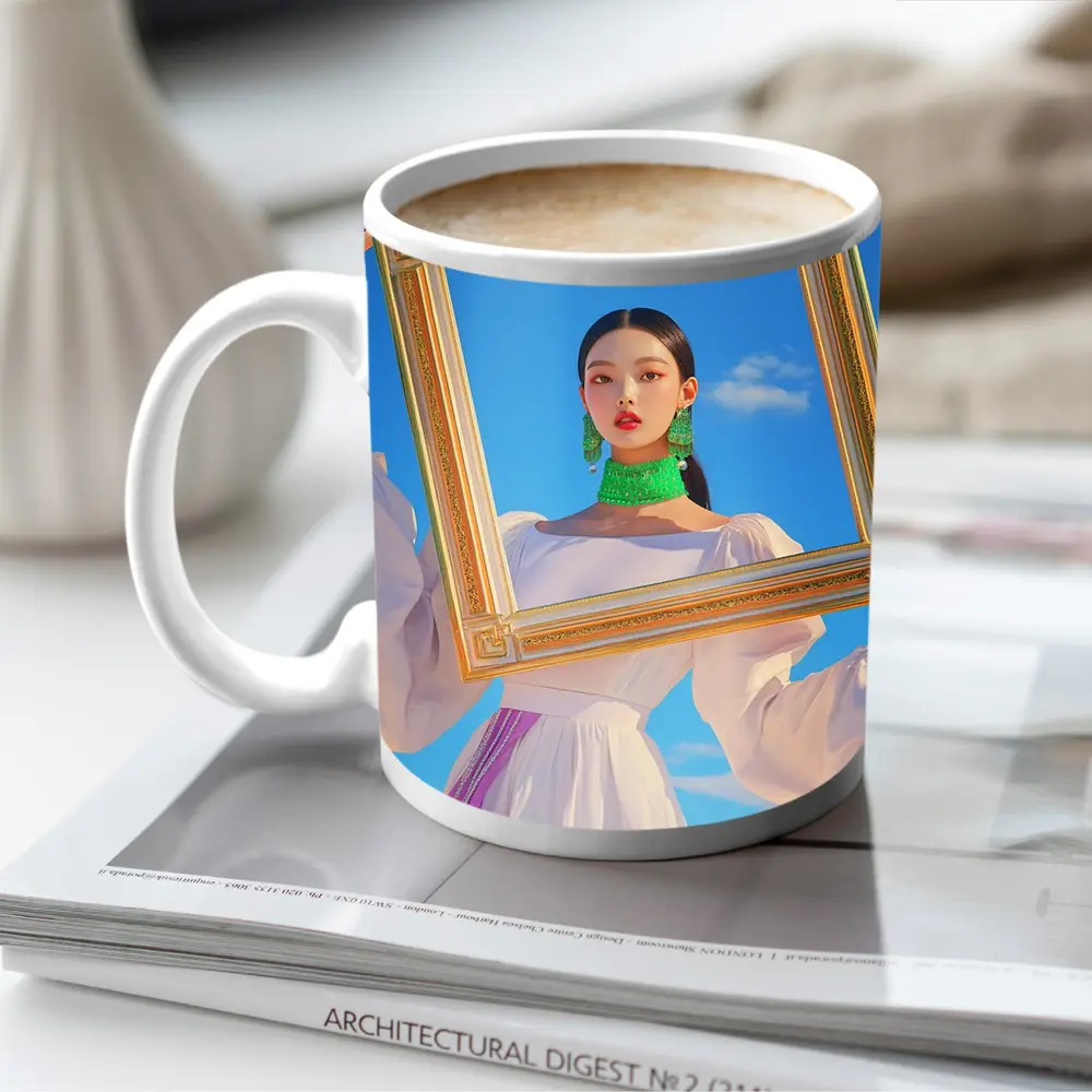 Korean Girl Holding Gold Frame Blue Sky – Mugs