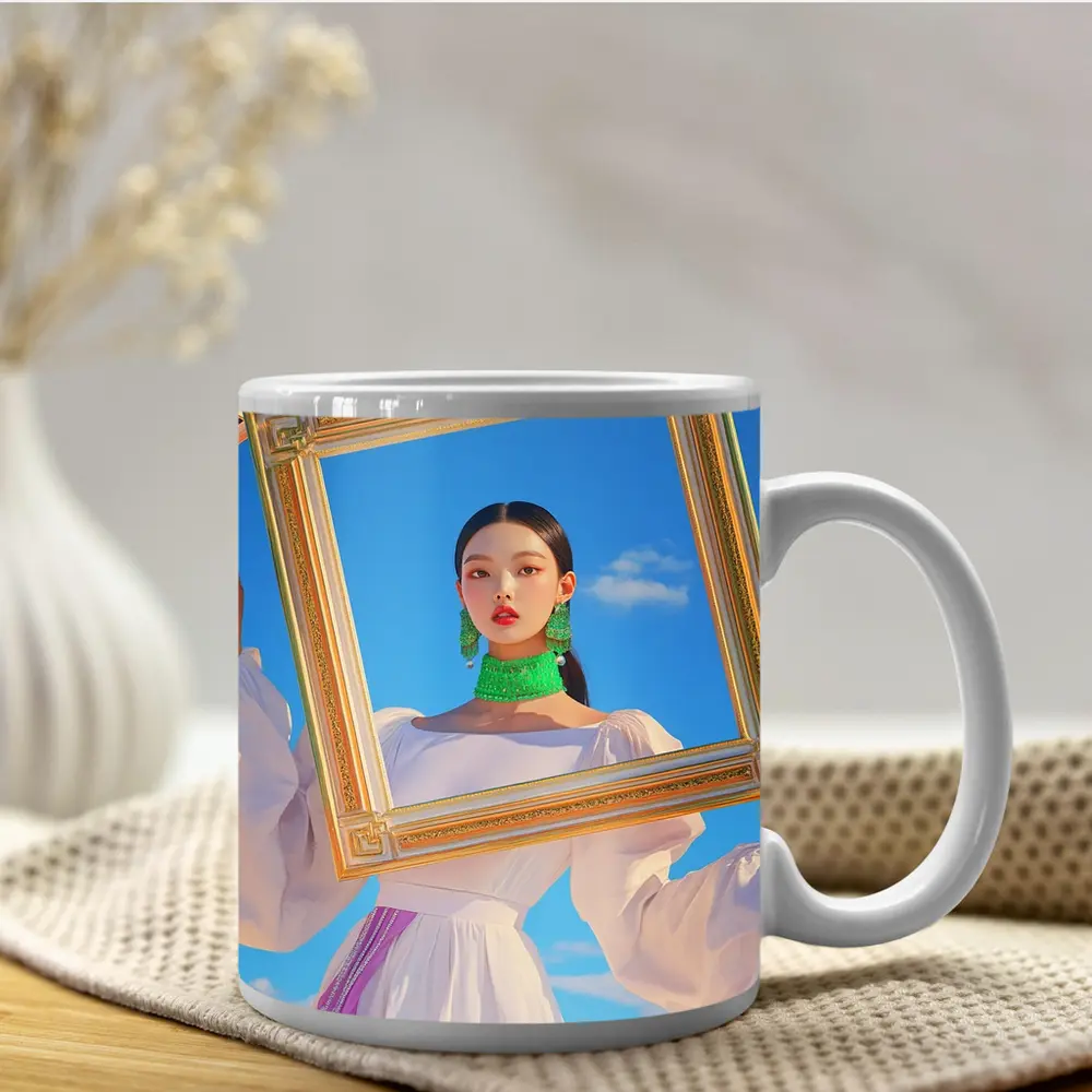 Korean Girl Holding Gold Frame Blue Sky – Mugs