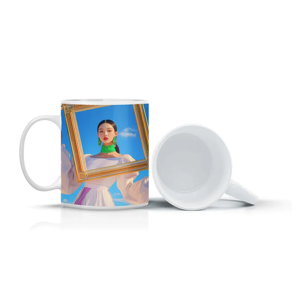 Korean Girl Holding Gold Frame Blue Sky – Mugs
